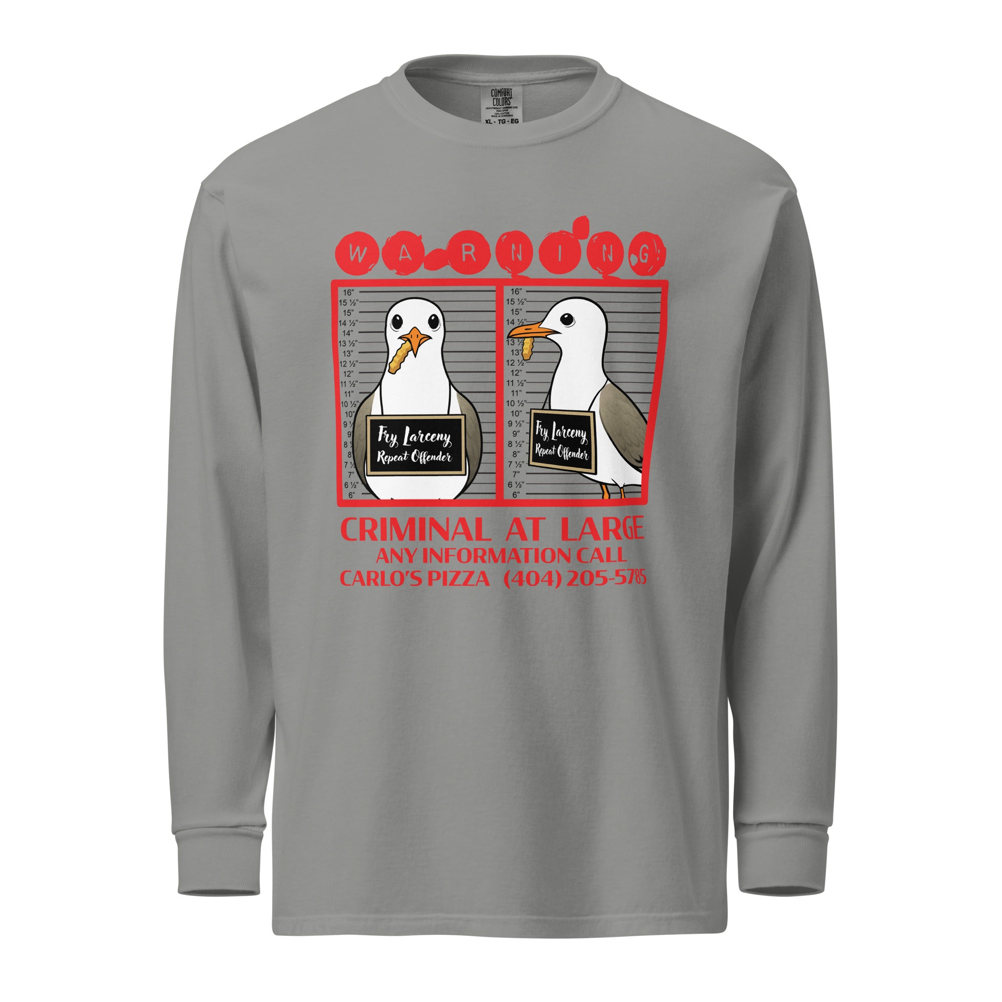 "Criminal At Large" heather grey long sleeve tee, front flat lay, featuring seagull "WARNING" mugshot graphic with "Fry Larceny, Repeat Offender" police lineup – 17th & Surf x Carlo's Pizza