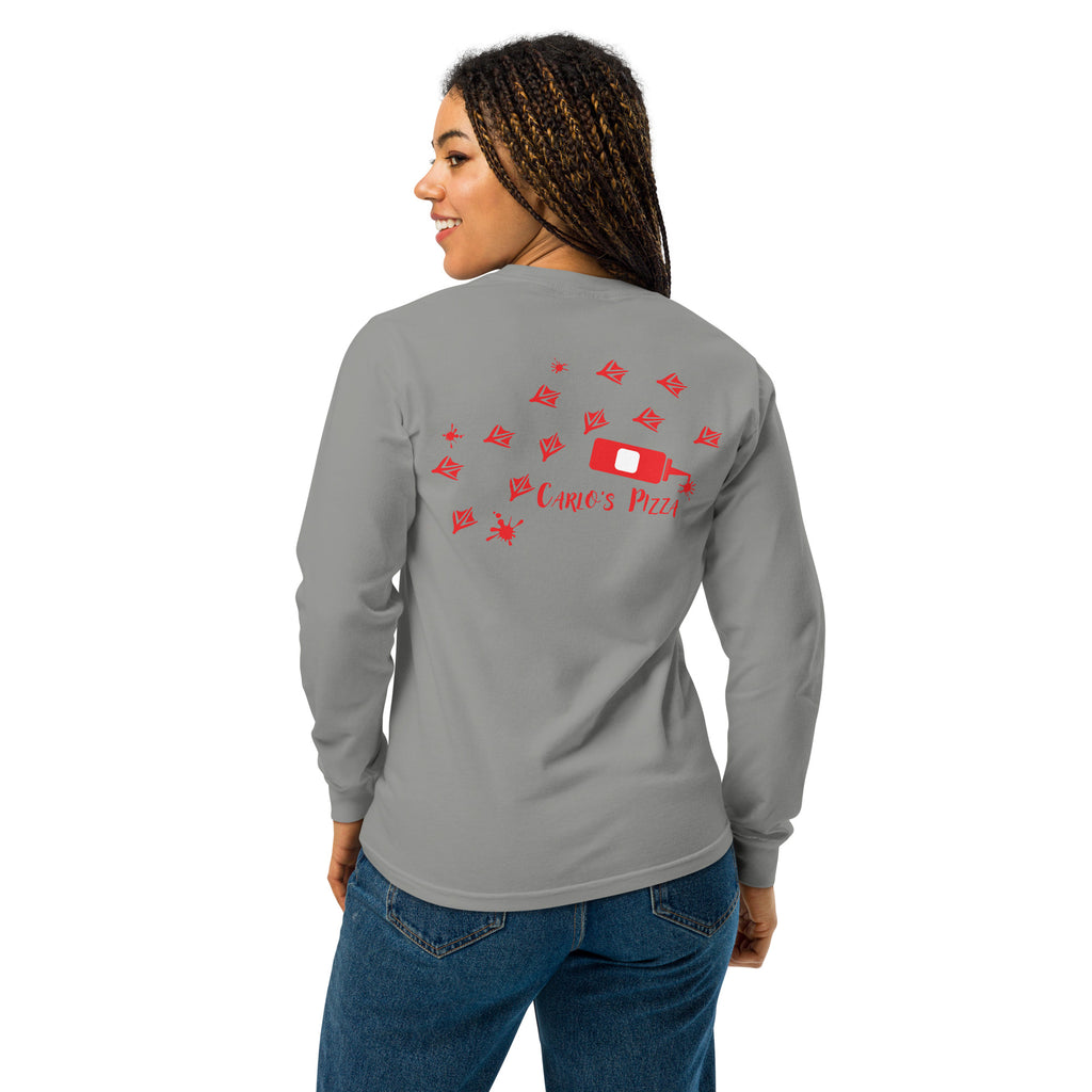"Criminal At Large" heather grey long sleeve tee on female model, back view, featuring red seagull footprint trail and Carlo's Pizza ketchup bottle design – 17th & Surf x Carlo's Pizza
