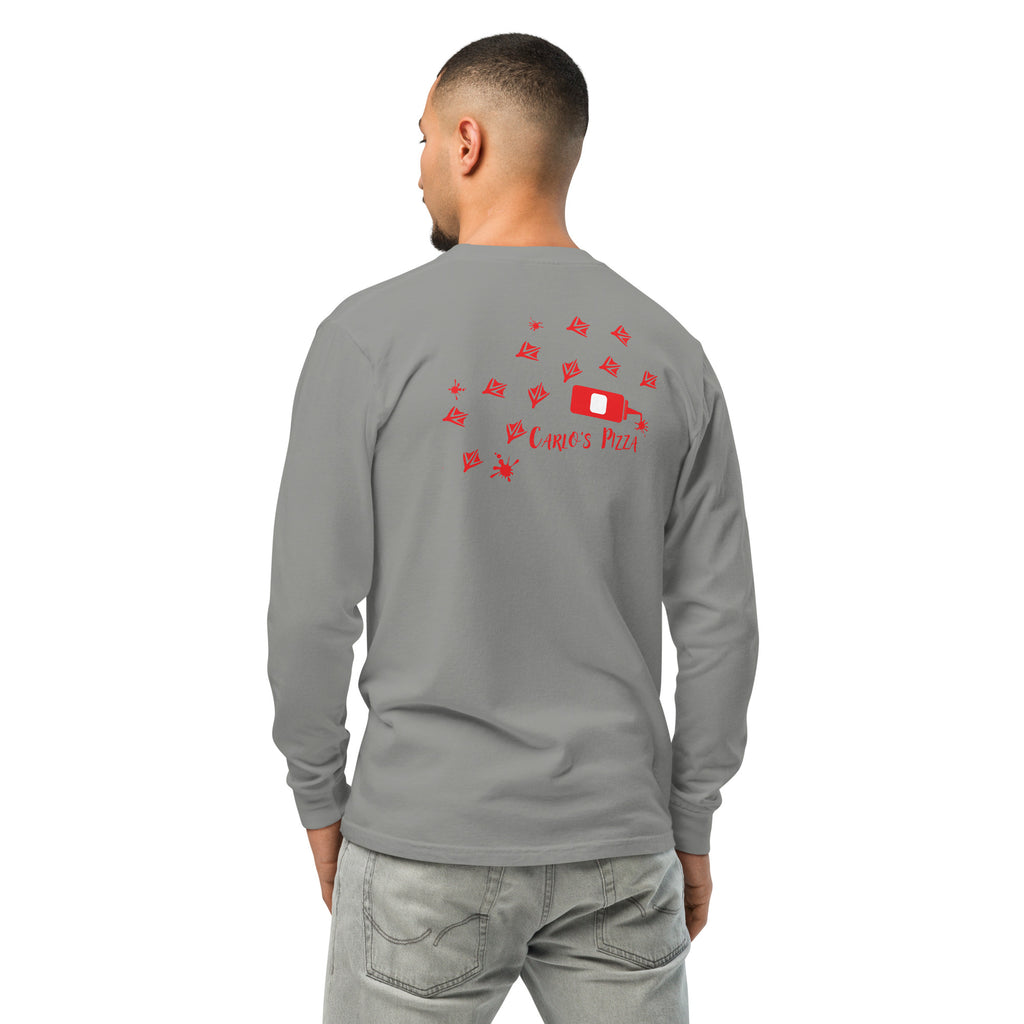 "Criminal At Large" heather grey long sleeve tee on male model, back view, featuring red seagull footprint trail and Carlo's Pizza ketchup bottle design – 17th & Surf x Carlo's Pizza