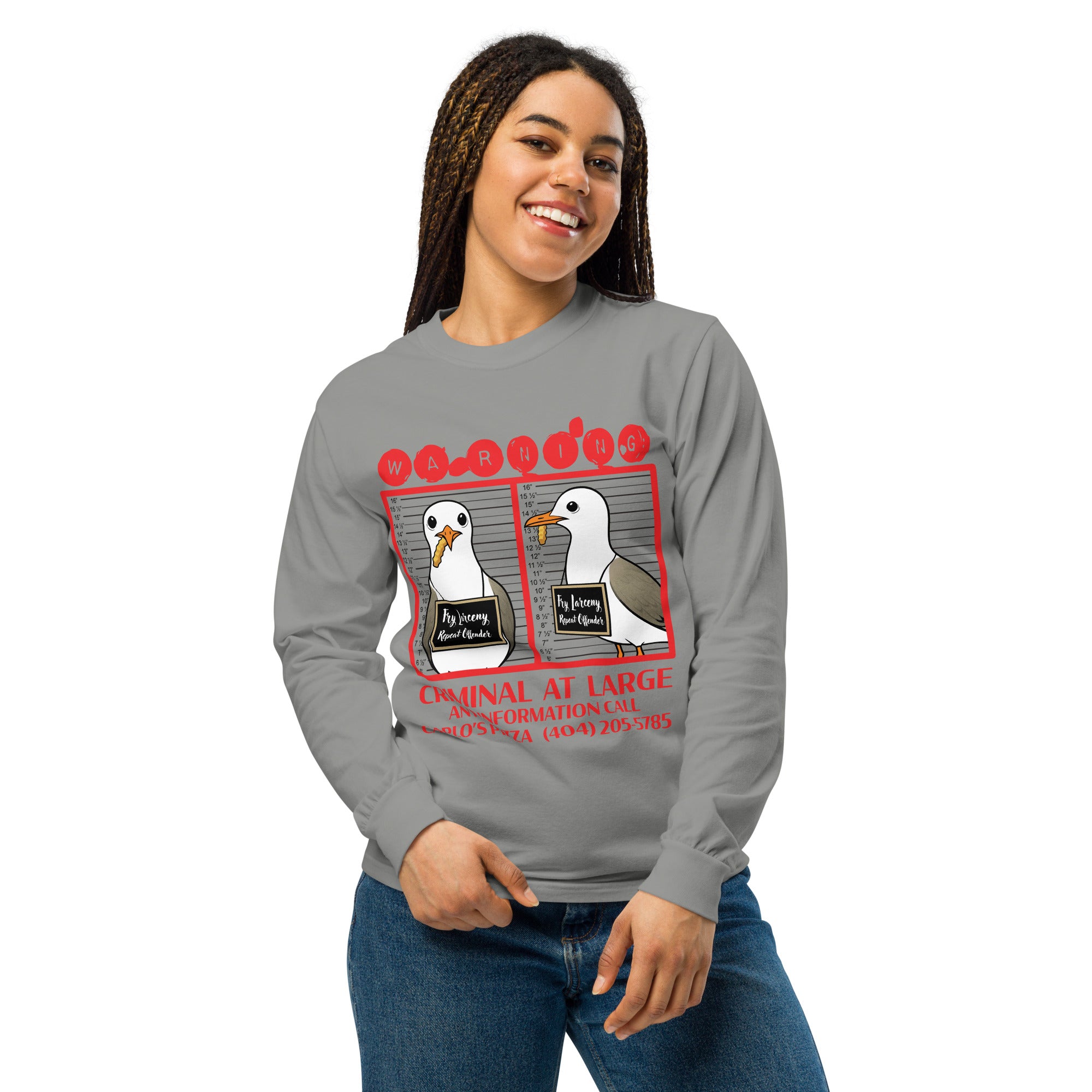 "Criminal At Large" heather grey long sleeve tee on female model, front view, featuring seagull "WARNING" mugshot graphic with "Fry Larceny, Repeat Offender" police lineup – 17th & Surf x Carlo's Pizza