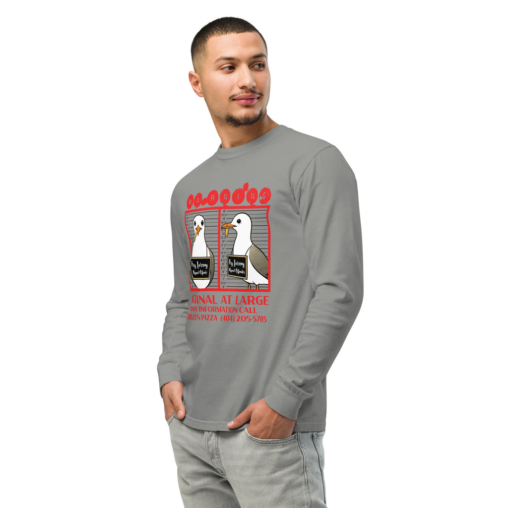 "Criminal At Large" heather grey long sleeve tee on male model, front side angle view, featuring seagull "WARNING" mugshot graphic with "Fry Larceny, Repeat Offender" police lineup – 17th & Surf x Carlo's Pizza