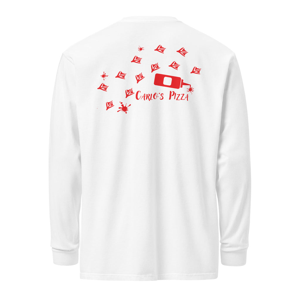 "Criminal At Large" white long sleeve tee, back flat lay, featuring red seagull footprint trail and Carlo's Pizza ketchup bottle design – 17th & Surf x Carlo's Pizza