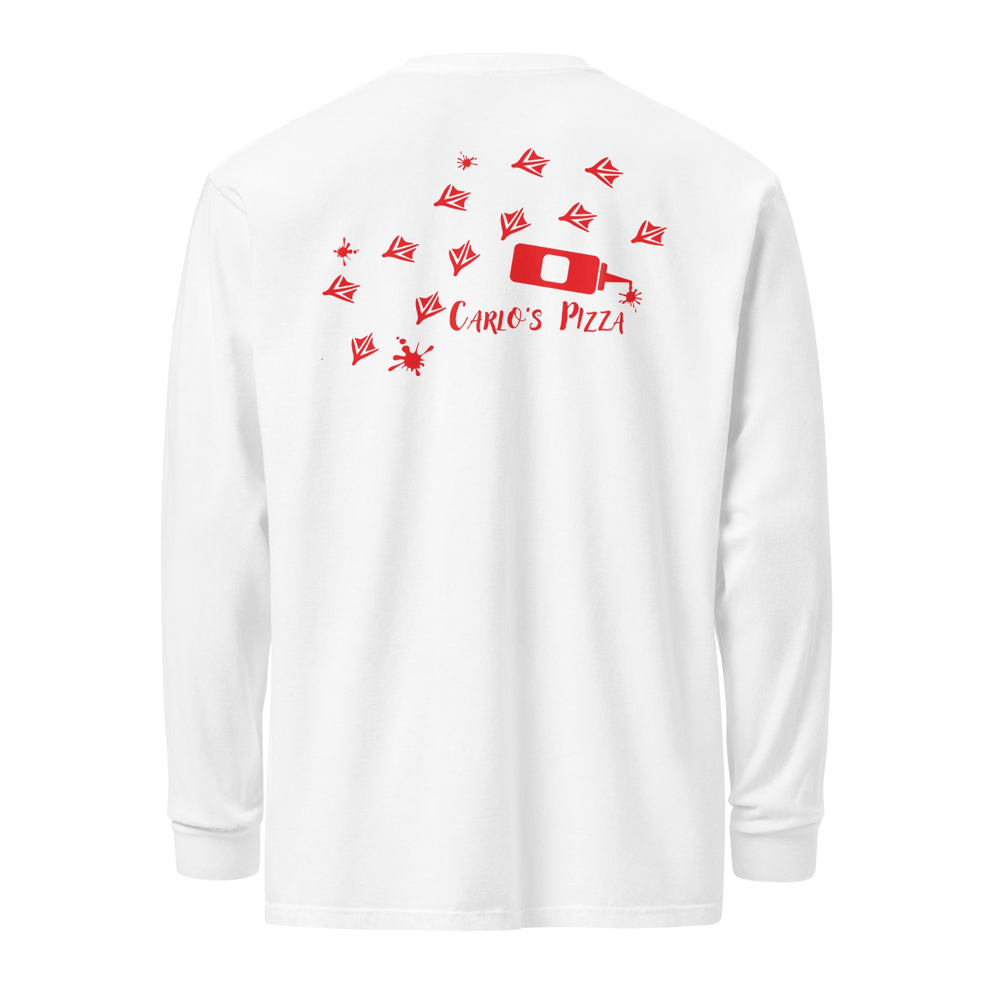 "Criminal At Large" white long sleeve tee, back flat lay, featuring red seagull footprint trail and Carlo's Pizza ketchup bottle design – 17th & Surf x Carlo's Pizza
