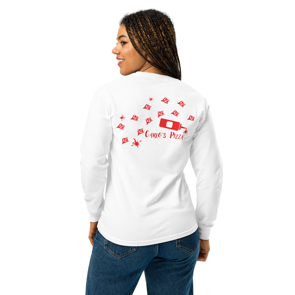 "Criminal At Large" white long sleeve tee on female model, back view, featuring red seagull footprint trail and Carlo's Pizza ketchup bottle design – 17th & Surf x Carlo's Pizza