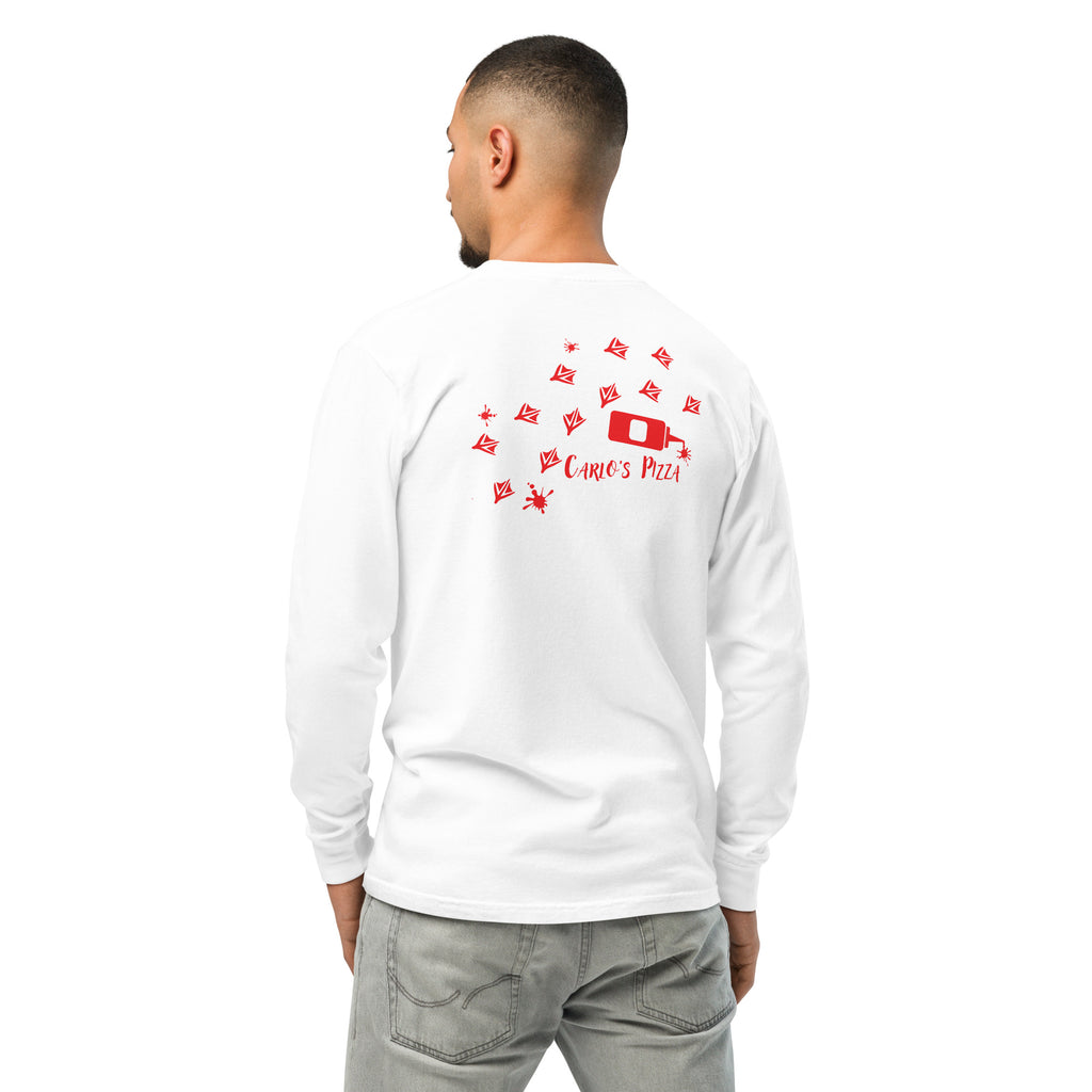 "Criminal At Large" white long sleeve tee on male model, back view, featuring red seagull footprint trail and Carlo's Pizza ketchup bottle design – 17th & Surf x Carlo's Pizza