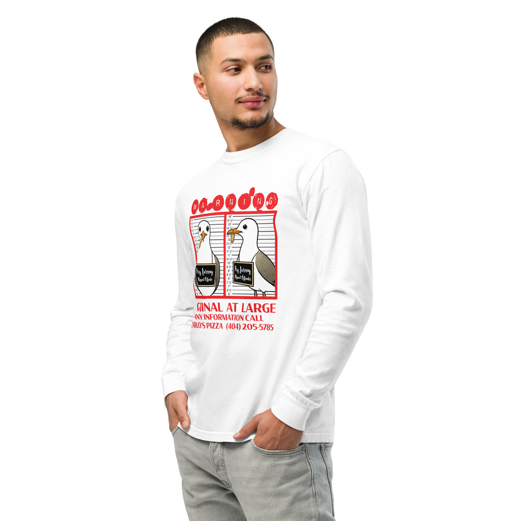 "Criminal At Large" white long sleeve tee on male model, front side angle view, featuring seagull "WARNING" mugshot graphic with "Fry Larceny, Repeat Offender" police lineup – 17th & Surf x Carlo's Pizza