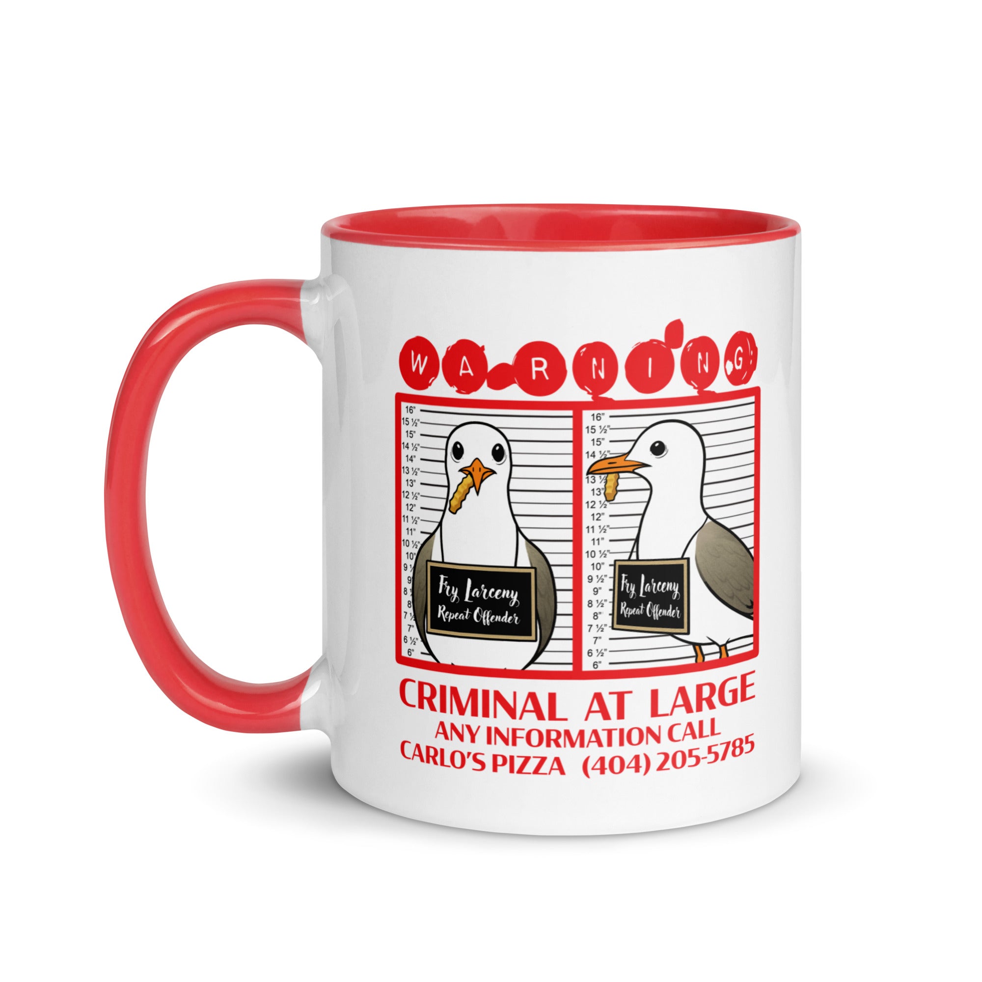 "Criminal At Large" white ceramic 11oz mug with red interior and handle, left view, featuring seagull "WARNING" mugshot graphic with "Fry Larceny, Repeat Offender" police lineup and "Criminal At Large" wanted poster text – 17th & Surf