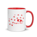 "Criminal At Large" white ceramic 11oz mug with red interior and handle, right view, featuring red seagull footprint trail and tipped ketchup bottle with Carlo's Pizza script logo – 17th & Surf