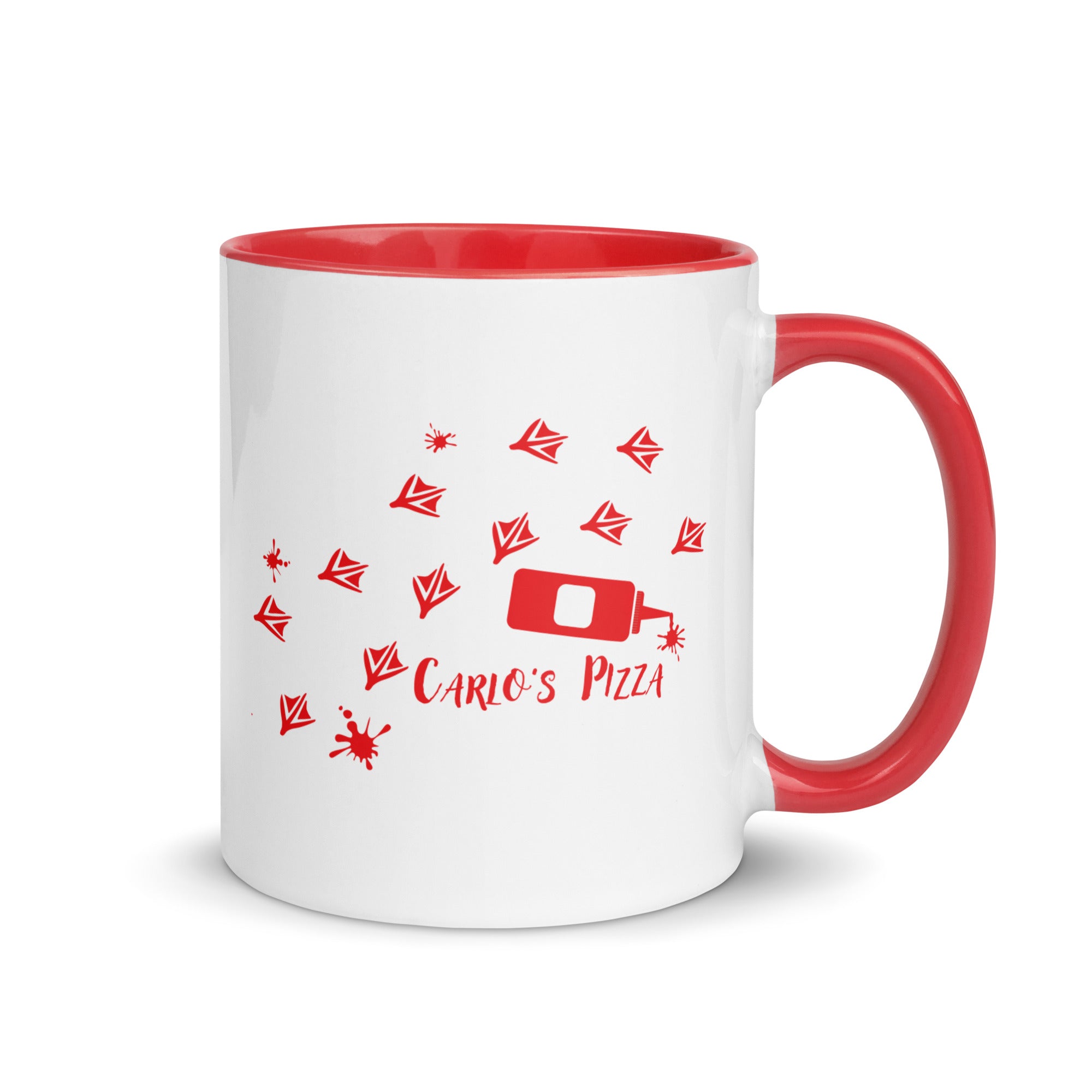 "Criminal At Large" white ceramic 11oz mug with red interior and handle, right view, featuring red seagull footprint trail and tipped ketchup bottle with Carlo's Pizza script logo – 17th & Surf