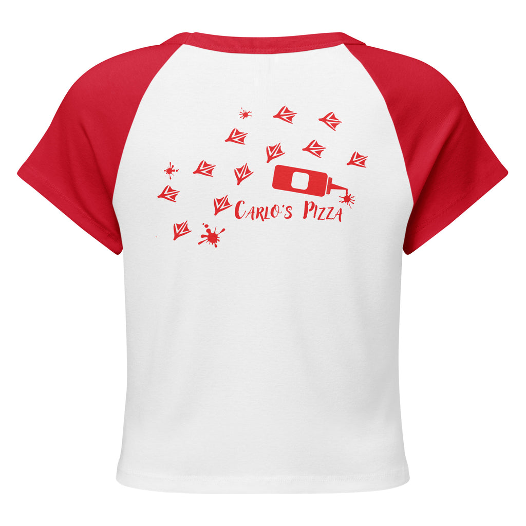 "Criminal At Large" white and red colorblock raglan boxy crop tee, back view, featuring red seagull footprint trail and Carlo's Pizza ketchup bottle design – 17th & Surf x Carlo's Pizza