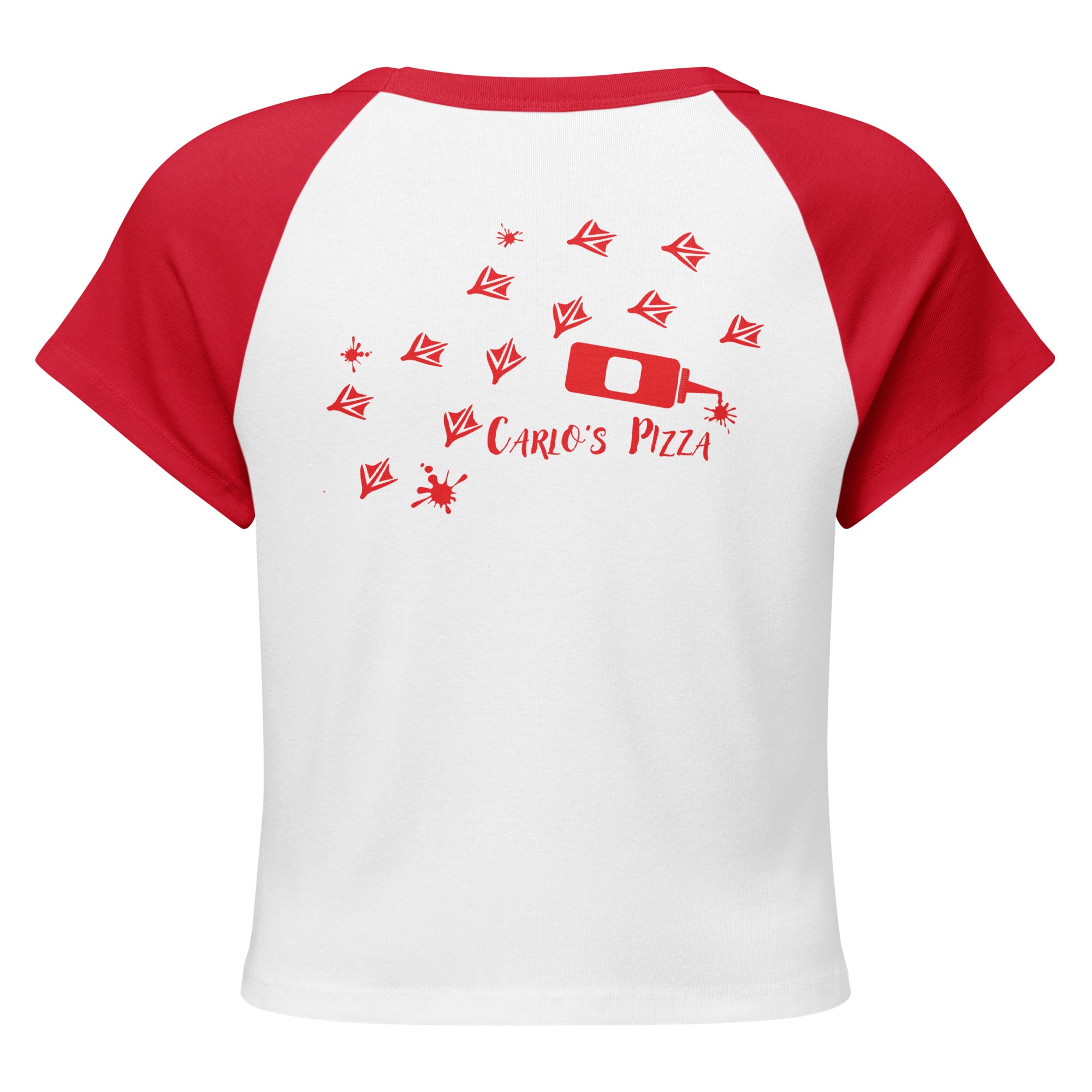 "Criminal At Large" white and red colorblock raglan boxy crop tee, back view, featuring red seagull footprint trail and Carlo's Pizza ketchup bottle design – 17th & Surf x Carlo's Pizza