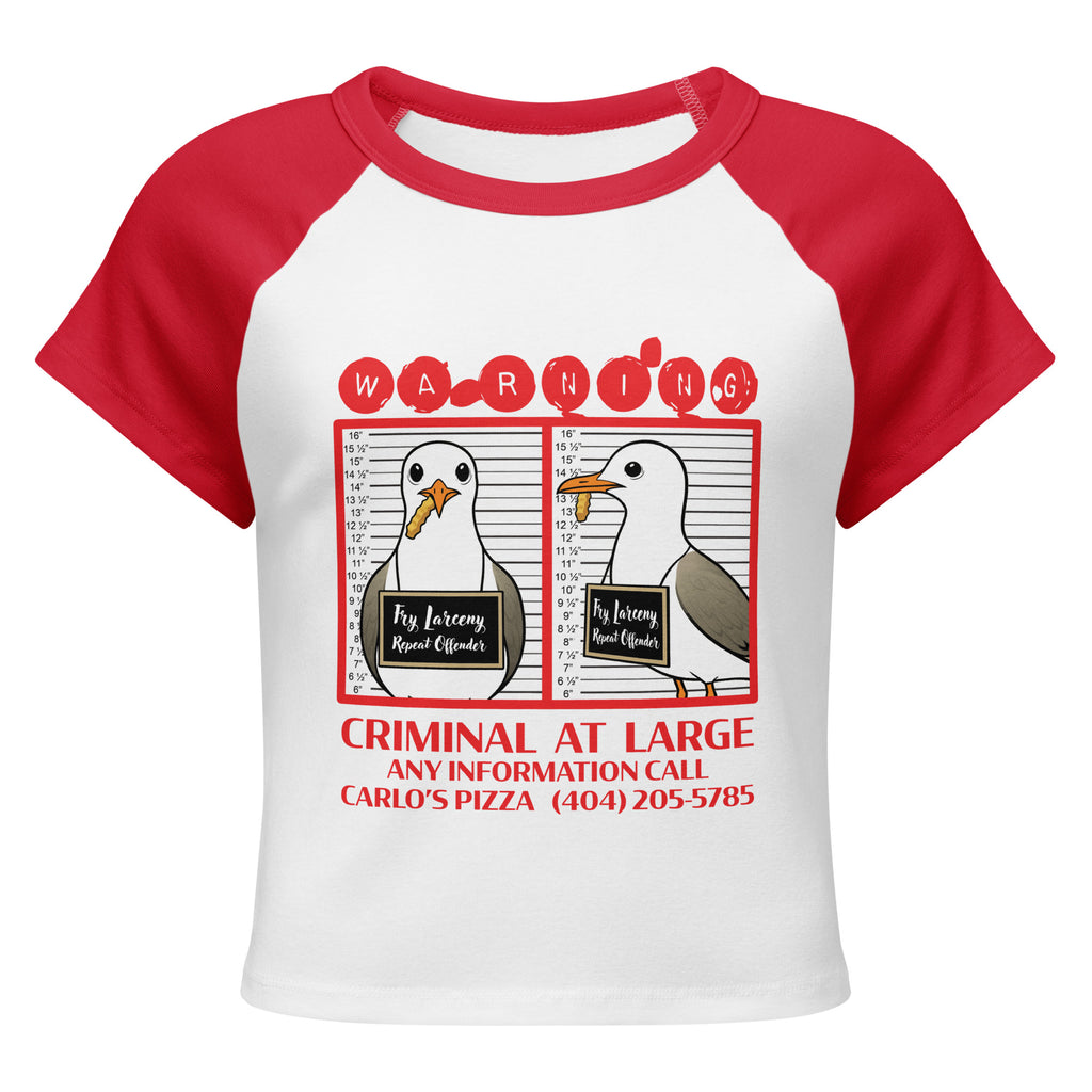 "Criminal At Large" white and red colorblock raglan boxy crop tee, front view, featuring seagull "WARNING" mugshot graphic with "Fry Larceny, Repeat Offender" police lineup – 17th & Surf x Carlo's Pizza