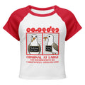 "Criminal At Large" white and red colorblock raglan boxy crop tee, front view, featuring seagull "WARNING" mugshot graphic with "Fry Larceny, Repeat Offender" police lineup – 17th & Surf x Carlo's Pizza