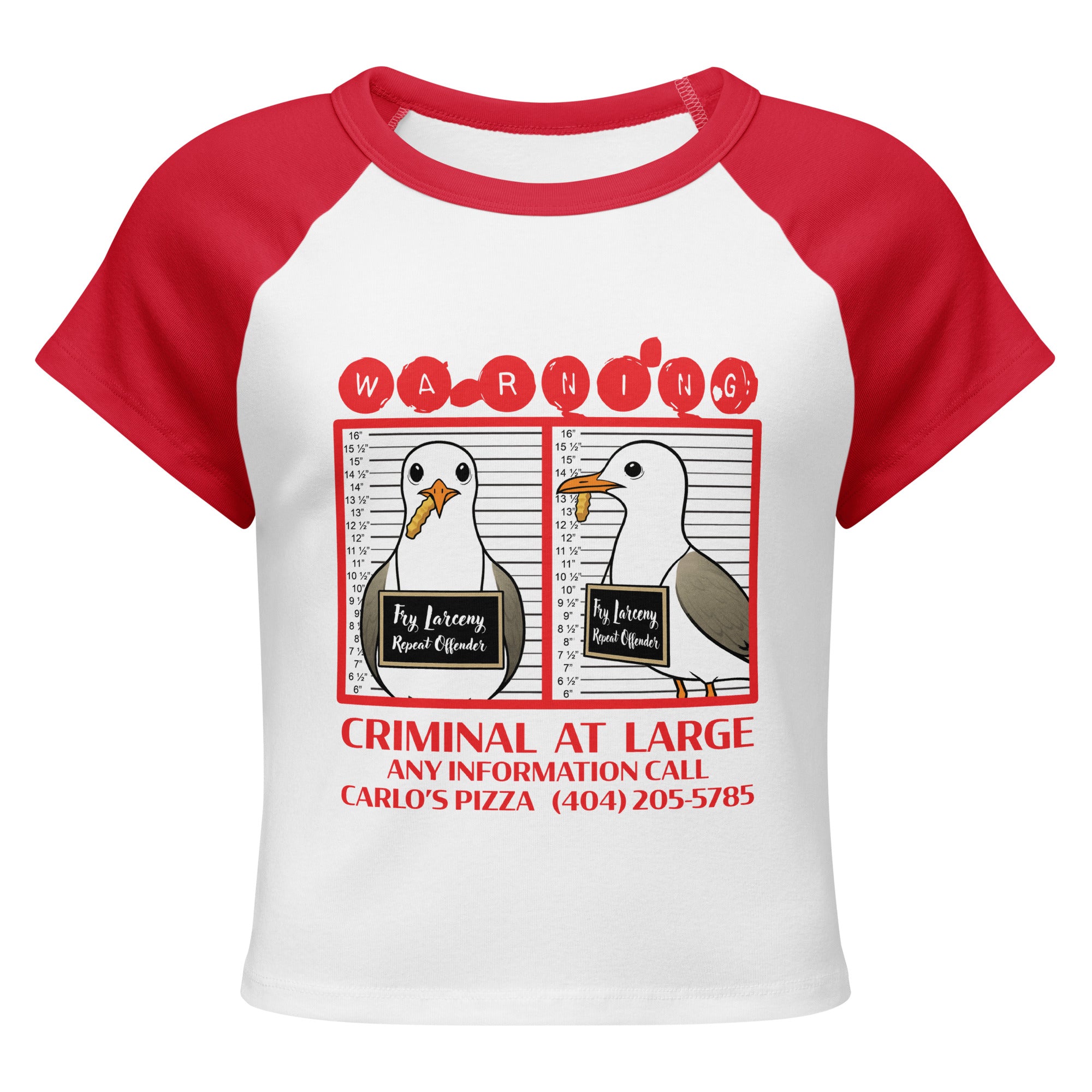 "Criminal At Large" white and red colorblock raglan boxy crop tee, front view, featuring seagull "WARNING" mugshot graphic with "Fry Larceny, Repeat Offender" police lineup – 17th & Surf x Carlo's Pizza