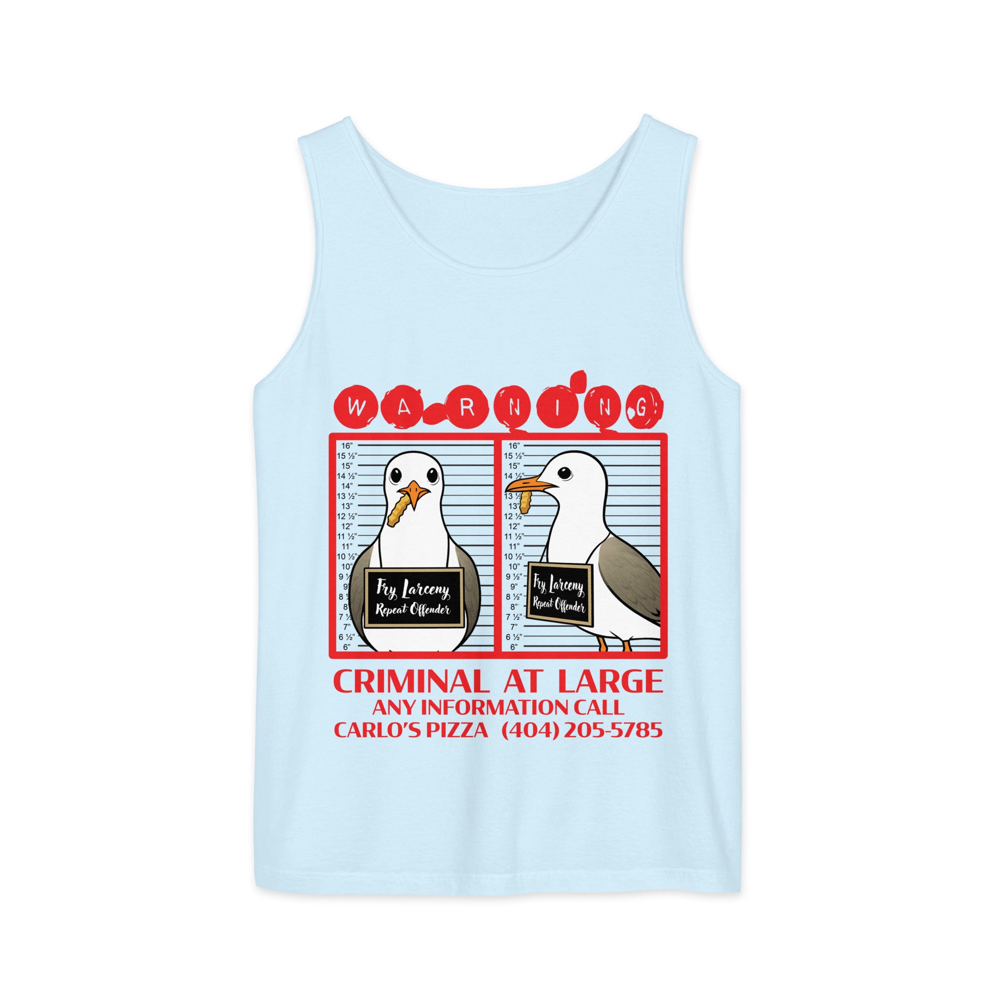 "Criminal At Large" light blue tank top, flat lay, featuring seagull "WARNING" mugshot graphic with "Fry Larceny, Repeat Offender" police lineup – 17th & Surf x Carlo's Pizza