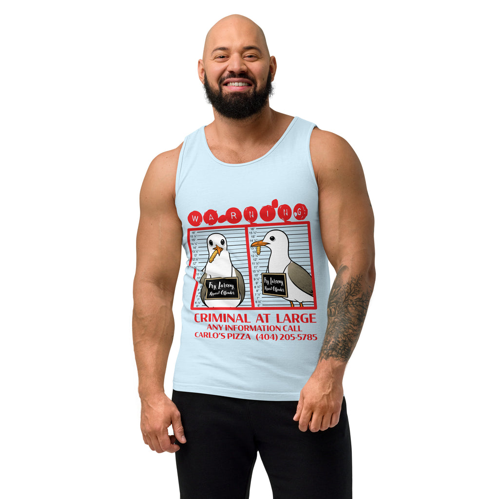 "Criminal At Large" light blue tank top on male model, front view, featuring seagull "WARNING" mugshot graphic with "Fry Larceny, Repeat Offender" police lineup – 17th & Surf x Carlo's Pizza