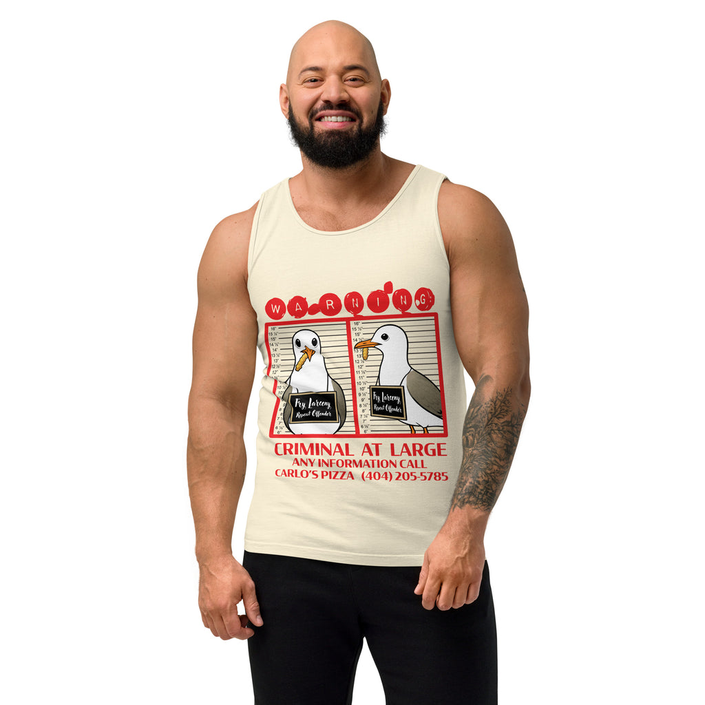 "Criminal At Large" ivory tank top on male model, front view, featuring seagull "WARNING" mugshot graphic with "Fry Larceny, Repeat Offender" police lineup – 17th & Surf x Carlo's Pizza