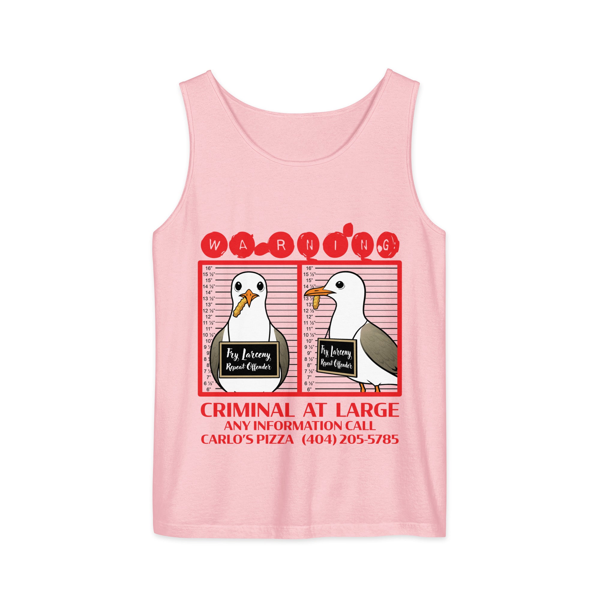 "Criminal At Large" pink tank top, flat lay, featuring seagull "WARNING" mugshot graphic with "Fry Larceny, Repeat Offender" police lineup – 17th & Surf x Carlo's Pizza
