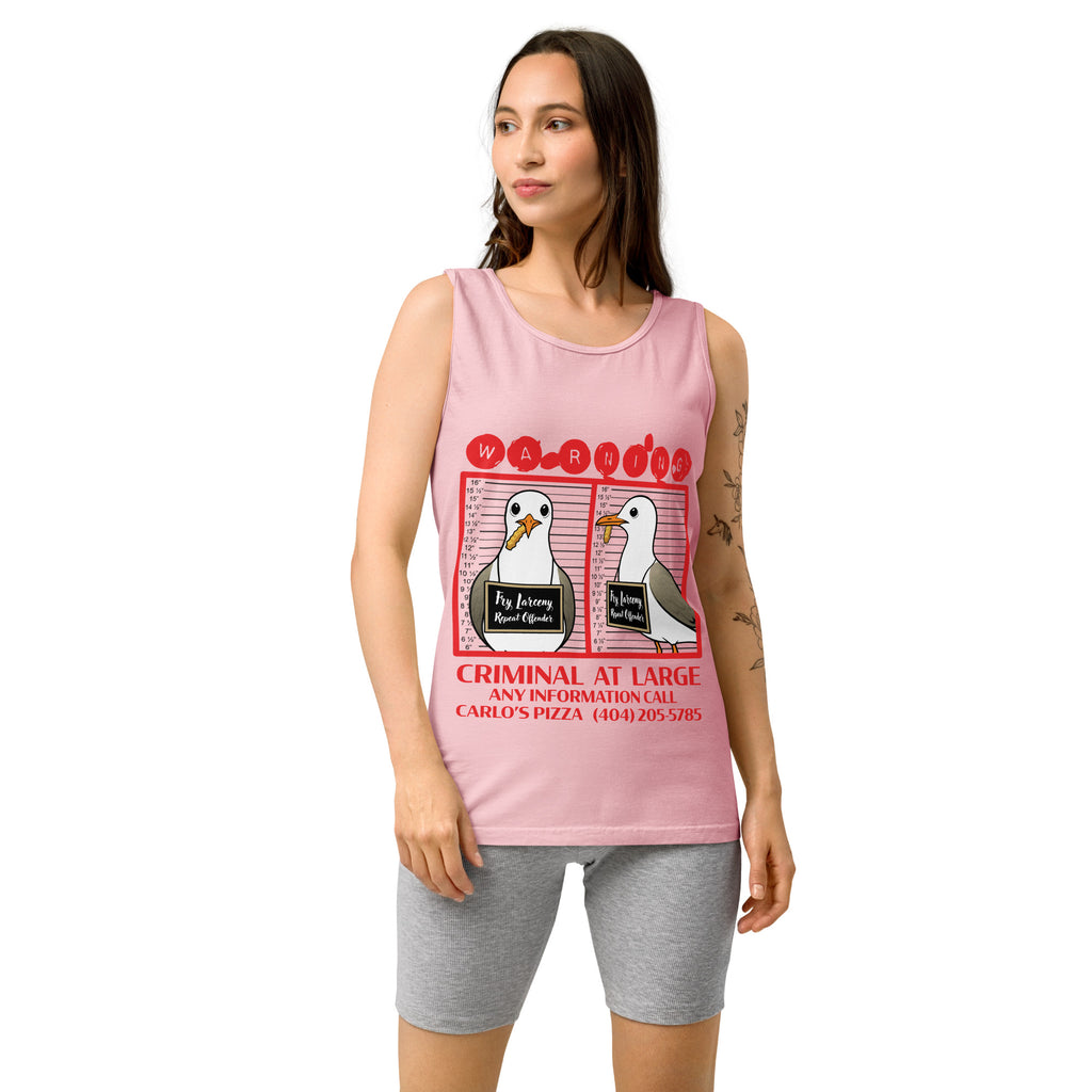 "Criminal At Large" pink tank top on female model, front view, featuring seagull "WARNING" mugshot graphic with "Fry Larceny, Repeat Offender" police lineup – 17th & Surf x Carlo's Pizza