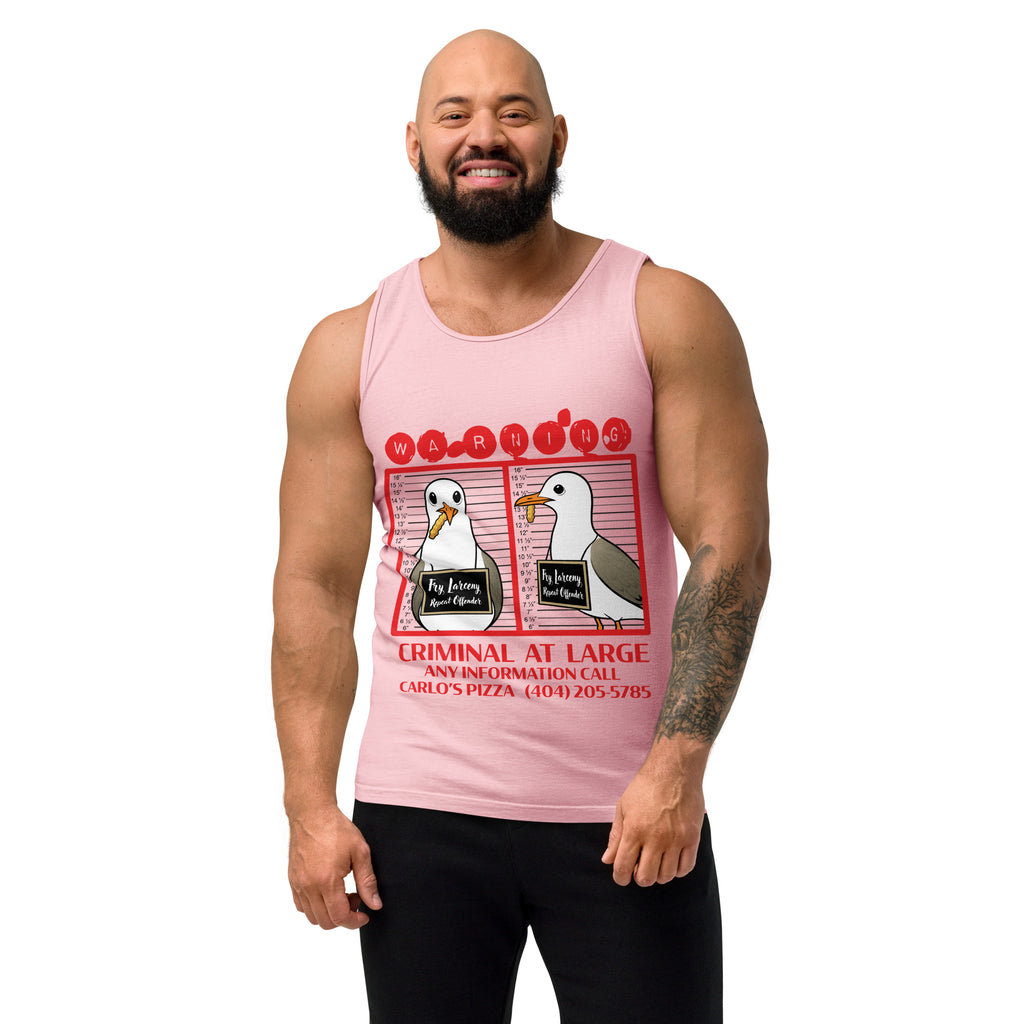 "Criminal At Large" pink tank top on male model, front view, featuring seagull "WARNING" mugshot graphic with "Fry Larceny, Repeat Offender" police lineup – 17th & Surf x Carlo's Pizza