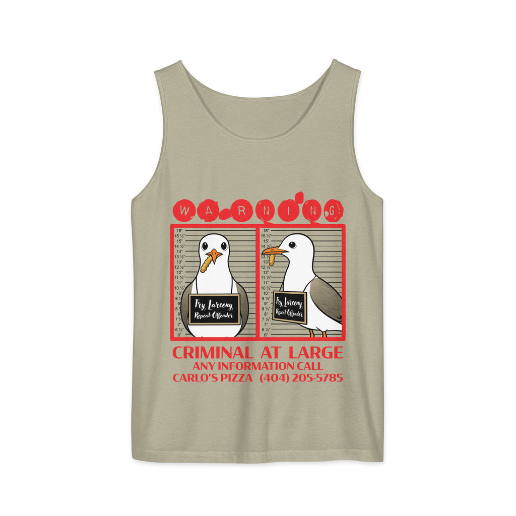 "Criminal At Large" sandstone tank top, flat lay, featuring seagull "WARNING" mugshot graphic with "Fry Larceny, Repeat Offender" police lineup – 17th & Surf x Carlo's Pizza