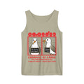 "Criminal At Large" sandstone tank top, flat lay, featuring seagull "WARNING" mugshot graphic with "Fry Larceny, Repeat Offender" police lineup – 17th & Surf x Carlo's Pizza