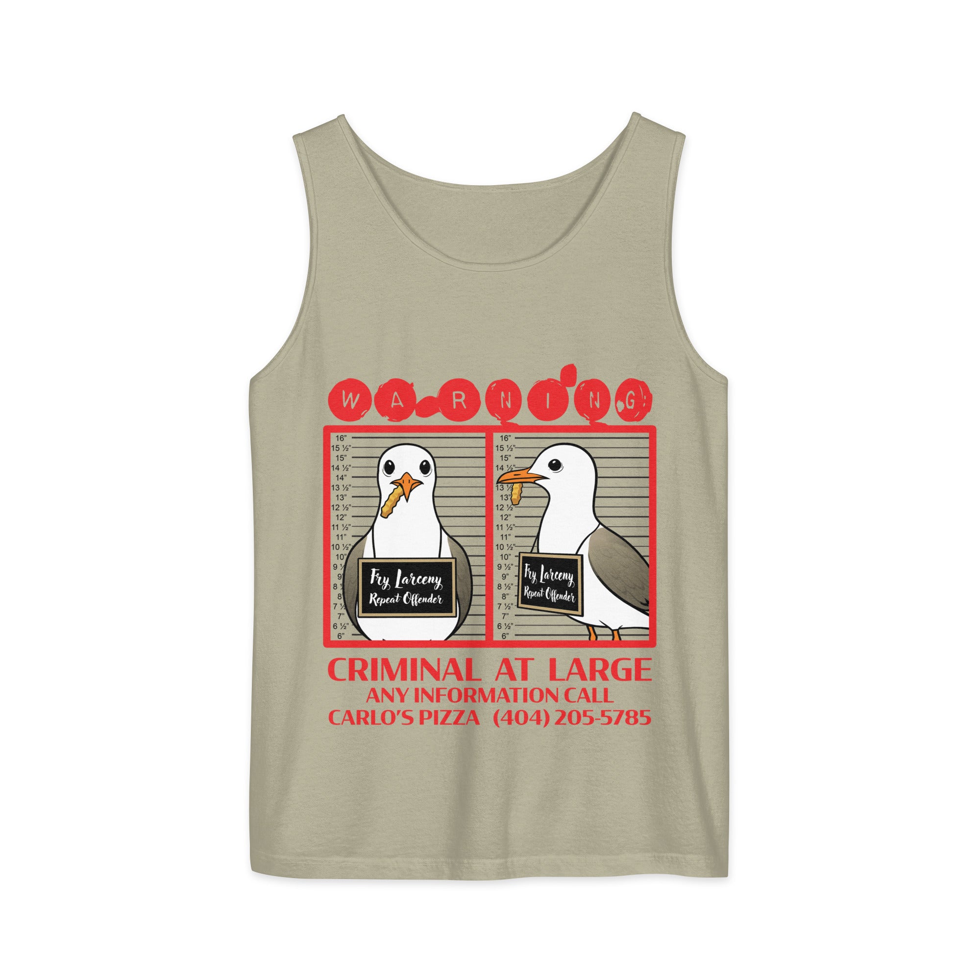 "Criminal At Large" sandstone tank top, flat lay, featuring seagull "WARNING" mugshot graphic with "Fry Larceny, Repeat Offender" police lineup – 17th & Surf x Carlo's Pizza