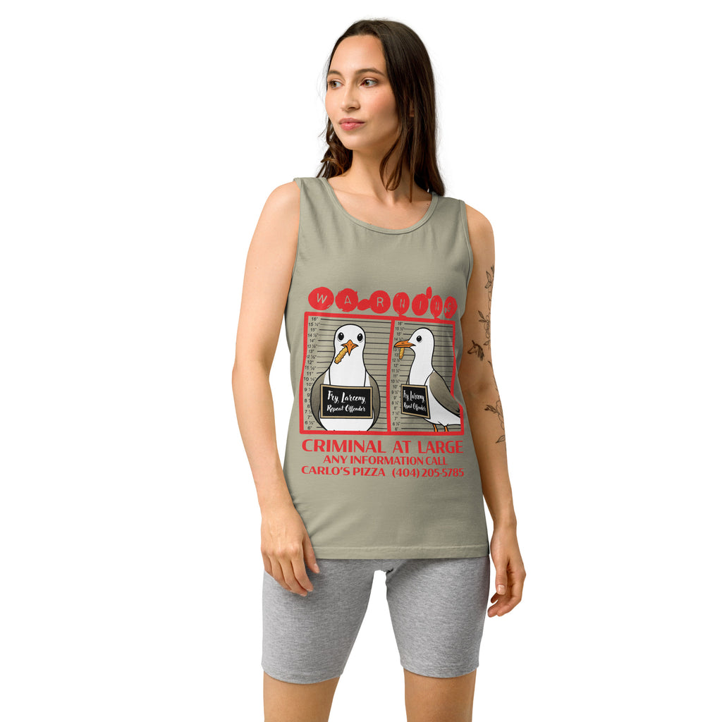 "Criminal At Large" sandstone tank top on female model, front view, featuring seagull "WARNING" mugshot graphic with "Fry Larceny, Repeat Offender" police lineup – 17th & Surf x Carlo's Pizza