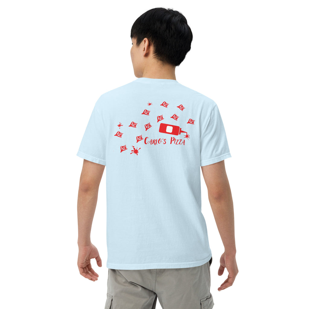 "Criminal At Large" light blue garment-dyed heavyweight tee on male model, back view, featuring red seagull footprint trail and Carlo's Pizza ketchup bottle design – 17th & Surf x Carlo's Pizza