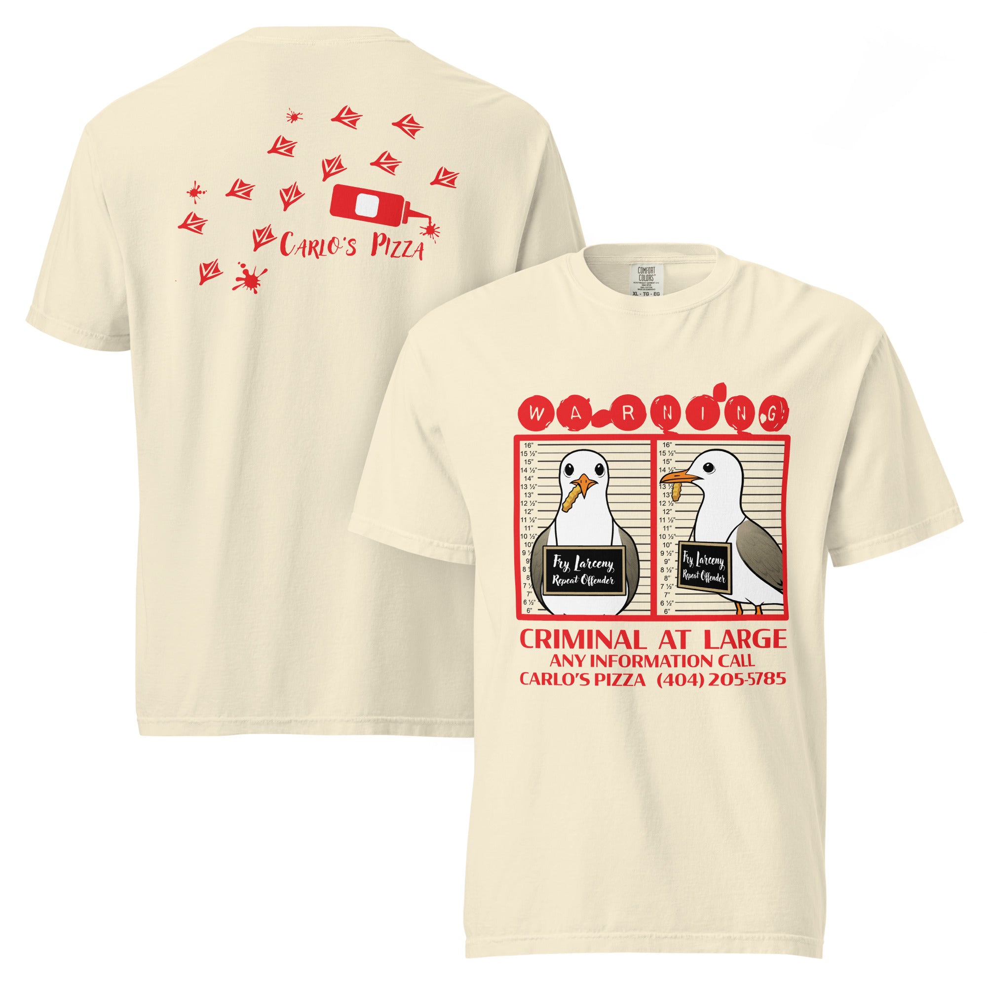 "Criminal At Large" ivory garment-dyed heavyweight tee, front and back flat lay, featuring seagull "WARNING" mugshot graphic on front and Carlo's Pizza footprint design on back – 17th & Surf x Carlo's Pizza