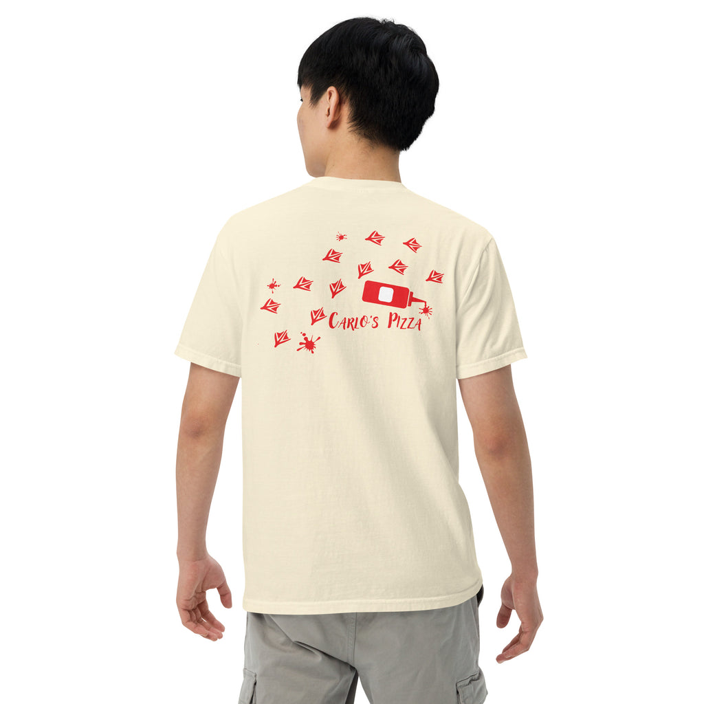 "Criminal At Large" ivory garment-dyed heavyweight tee on male model, back view, featuring red seagull footprint trail and Carlo's Pizza ketchup bottle design – 17th & Surf x Carlo's Pizza