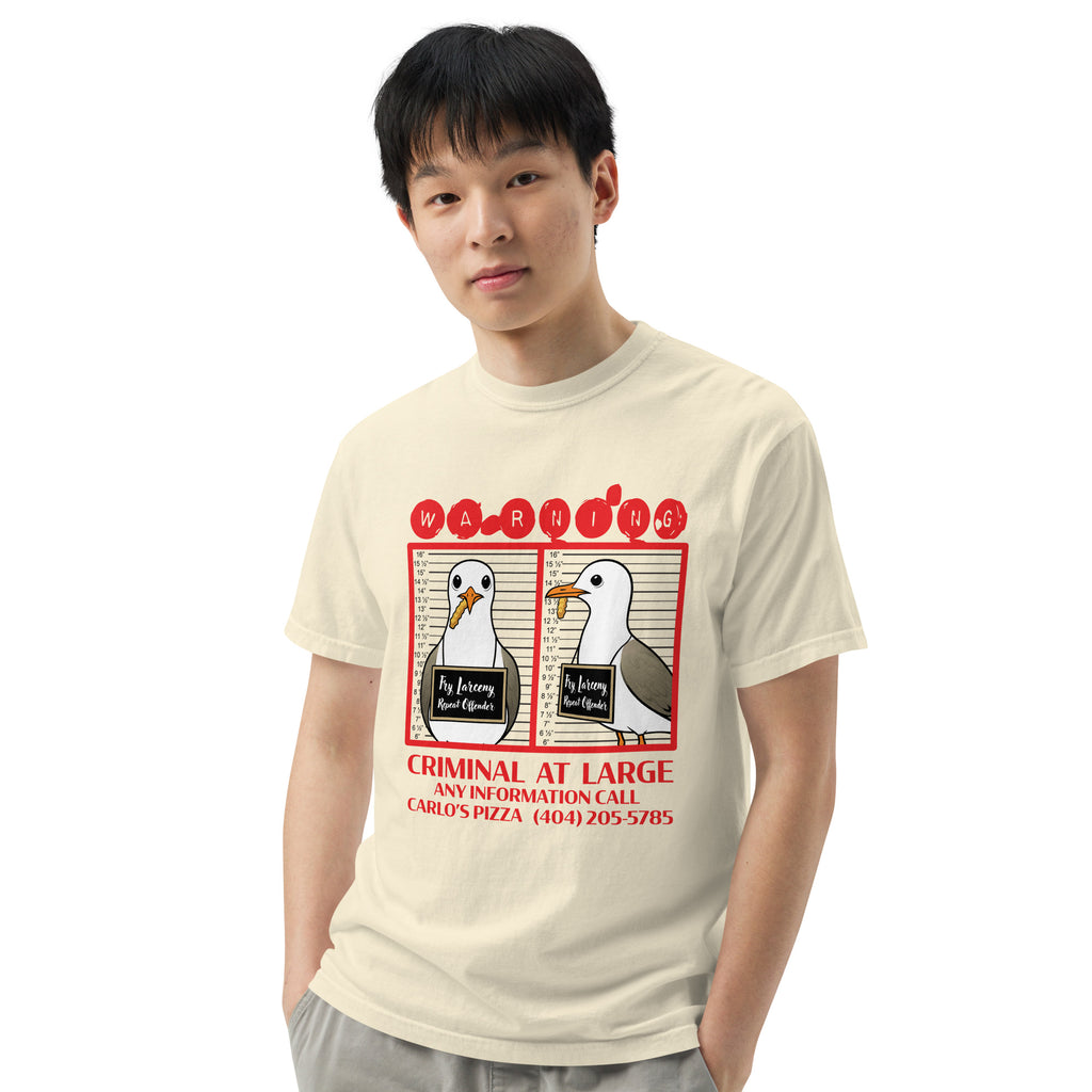 "Criminal At Large" ivory garment-dyed heavyweight tee on male model, front view, featuring seagull "WARNING" mugshot graphic with "Fry Larceny, Repeat Offender" police lineup – 17th & Surf x Carlo's Pizza