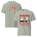 "Criminal At Large" sage green garment-dyed heavyweight tee, front and back flat lay, featuring seagull "WARNING" mugshot graphic on front and Carlo's Pizza footprint design on back – 17th & Surf x Carlo's Pizza