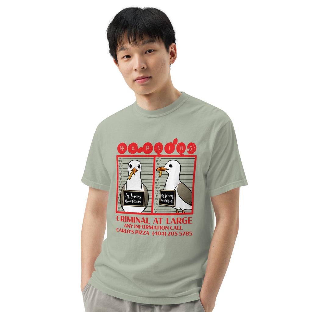 "Criminal At Large" sage green garment-dyed heavyweight tee on male model, front view, featuring seagull "WARNING" mugshot graphic with "Fry Larceny, Repeat Offender" police lineup – 17th & Surf x Carlo's Pizza
