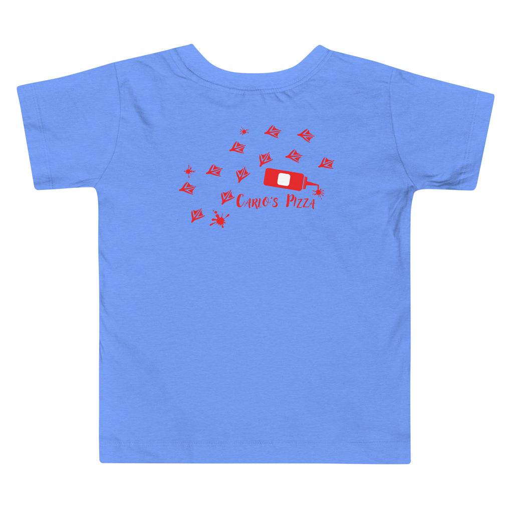 "Criminal At Large" columbia blue toddler tee, back flat lay, featuring red seagull footprint trail and Carlo's Pizza ketchup bottle design – 17th & Surf x Carlo's Pizza