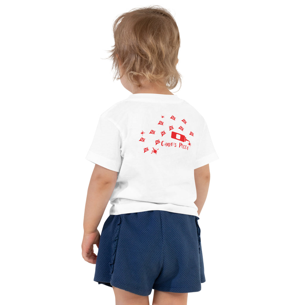 "Criminal At Large" white toddler tee on toddler model, back view, featuring red seagull footprint trail and Carlo's Pizza ketchup bottle design – 17th & Surf x Carlo's Pizza