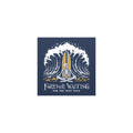 "Forever Waiting For The Next Wave" car magnet, front view, featuring a meditating skeleton surfer, board planted upright behind him, sitting cross-legged on the shore as breakers roll in on either side – 17th & Surf