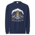 "Forever Waiting For The Next Wave" crewneck sweatshirt, True Navy, front view, featuring a meditating skeleton surfer, board planted upright behind him, sitting cross-legged on the shore as breakers roll in on either side – 17th & Surf