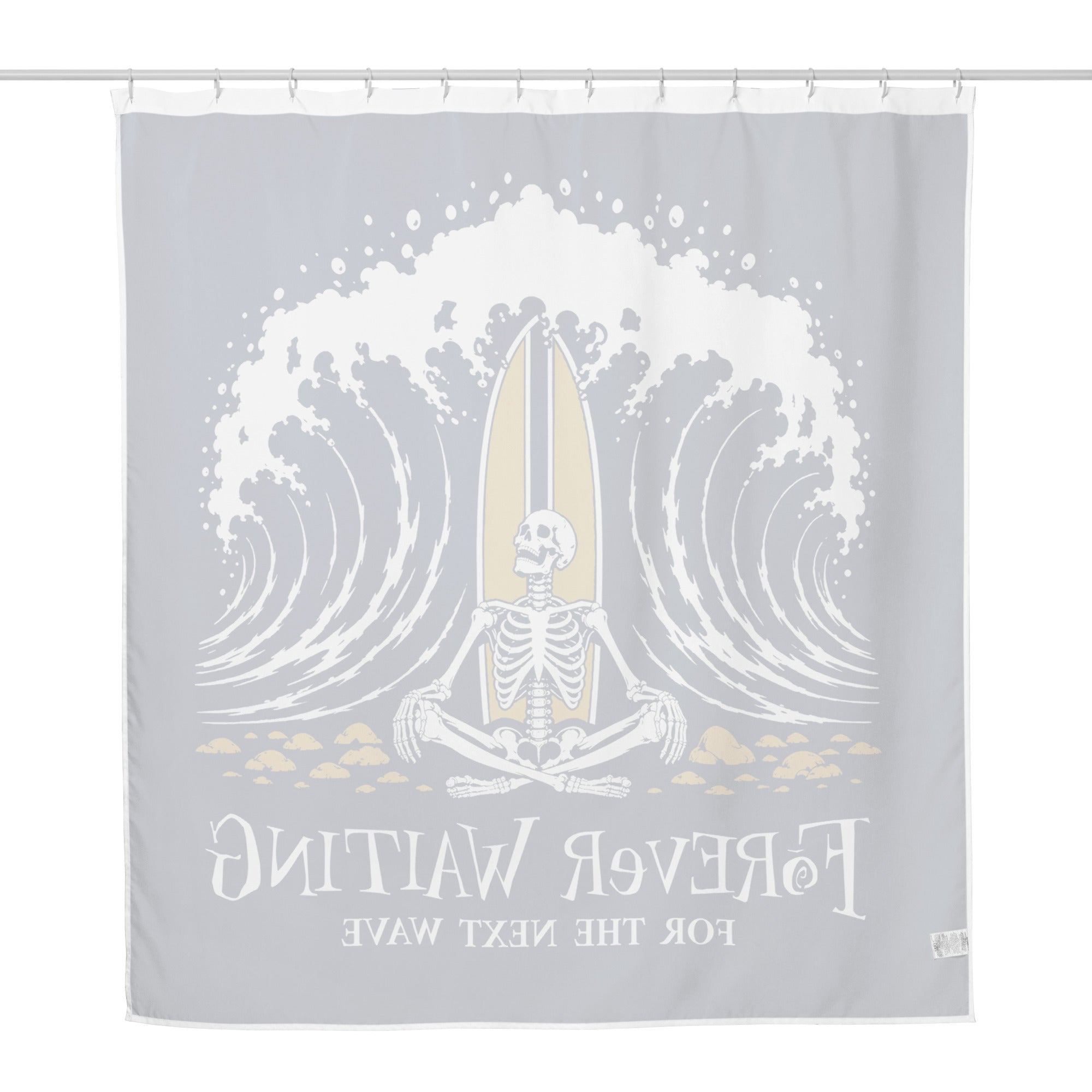 "Forever Waiting For The Next Wave" shower curtain, back view, featuring a meditating skeleton surfer, board planted upright behind him, sitting cross-legged on the shore as breakers roll in on either side – 17th & Surf