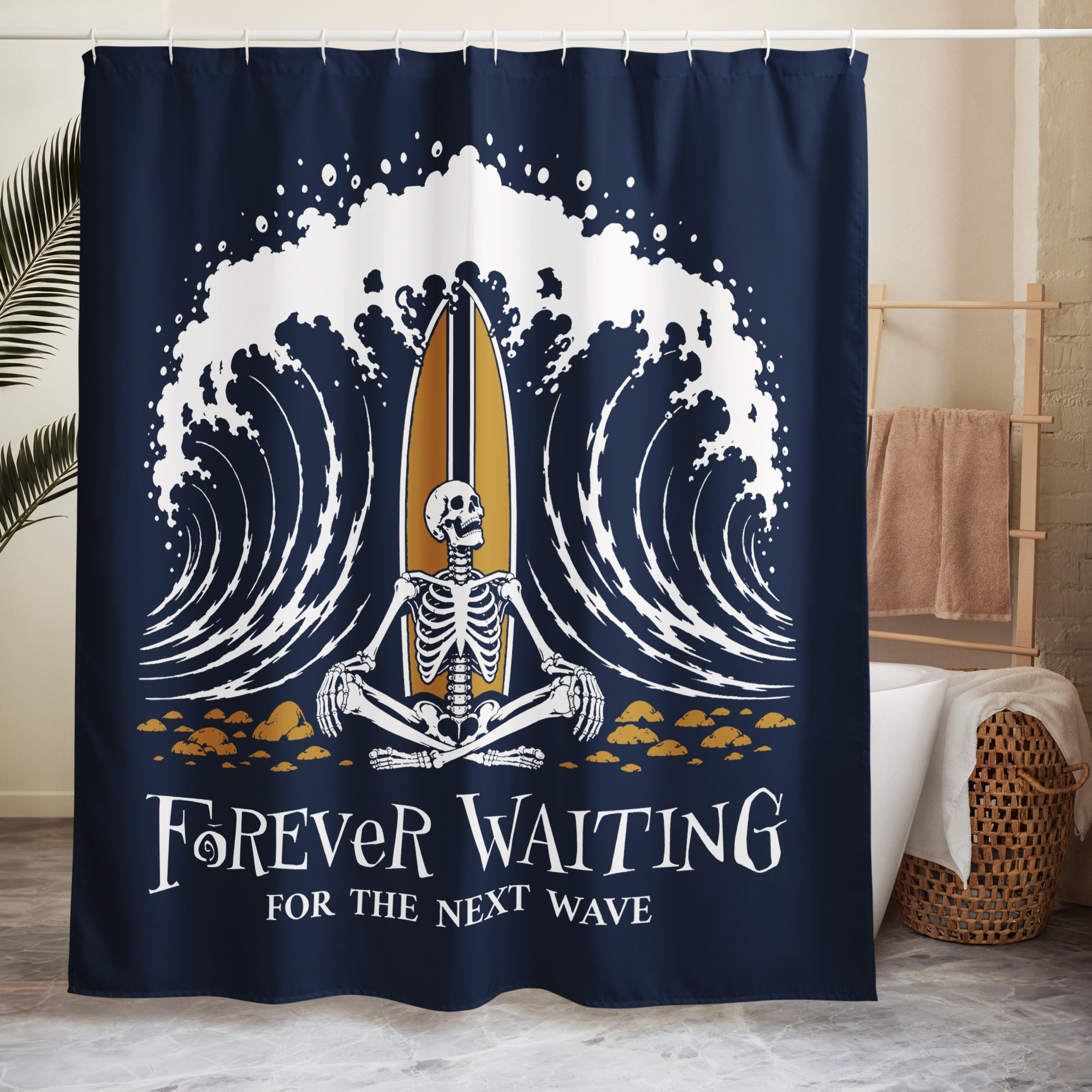 "Forever Waiting For The Next Wave" shower curtain, second front view, featuring a meditating skeleton surfer, board planted upright behind him, sitting cross-legged on the shore as breakers roll in on either side – 17th & Surf