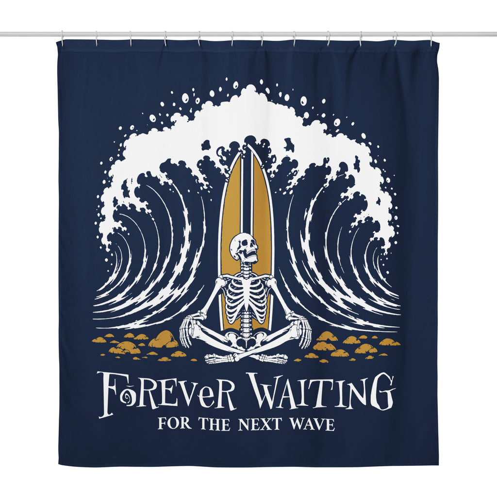 "Forever Waiting For The Next Wave" shower curtain, front view, featuring a meditating skeleton surfer, board planted upright behind him, sitting cross-legged on the shore as breakers roll in on either side – 17th & Surf