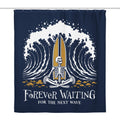 "Forever Waiting For The Next Wave" shower curtain, front view, featuring a meditating skeleton surfer, board planted upright behind him, sitting cross-legged on the shore as breakers roll in on either side – 17th & Surf