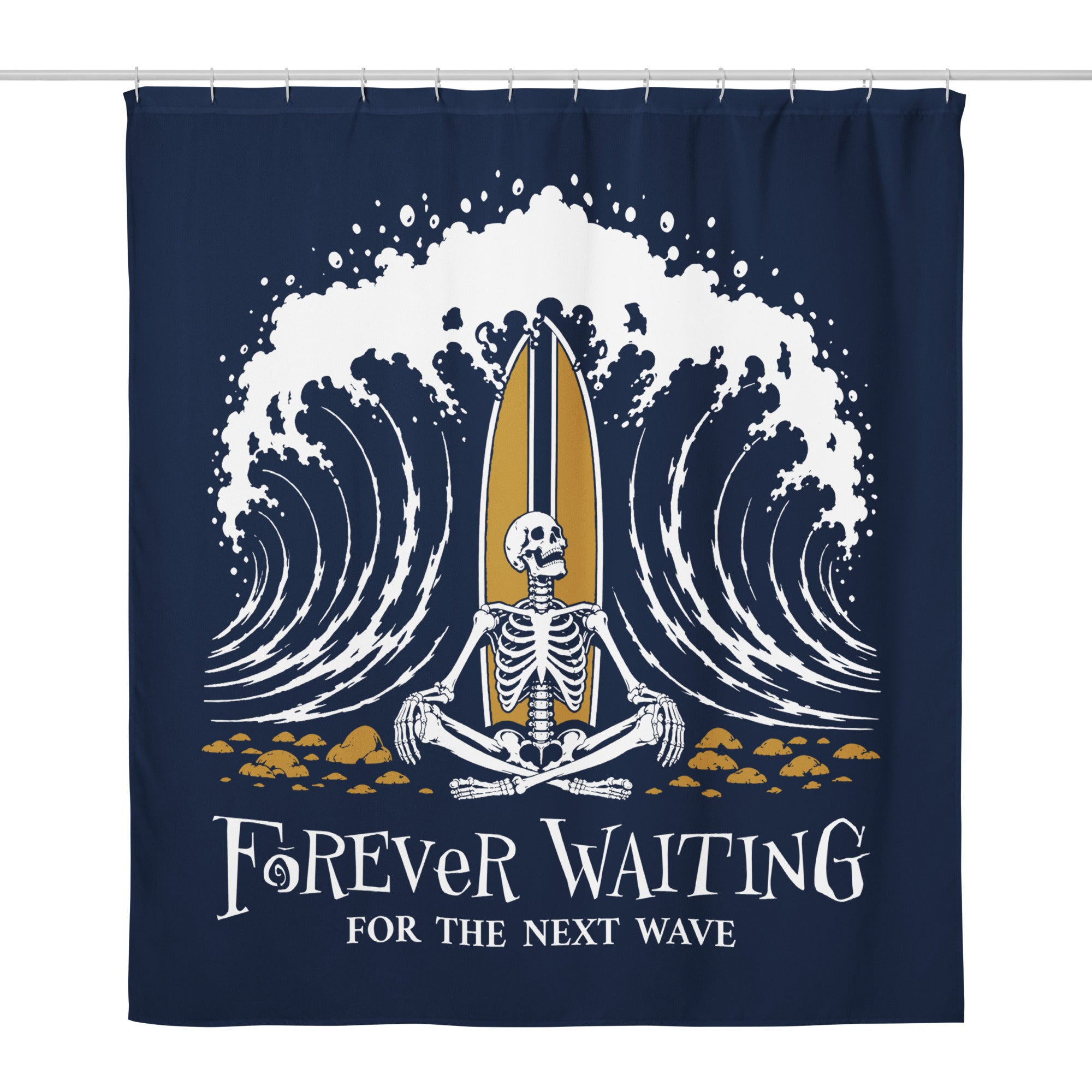 "Forever Waiting For The Next Wave" shower curtain, front view, featuring a meditating skeleton surfer, board planted upright behind him, sitting cross-legged on the shore as breakers roll in on either side – 17th & Surf