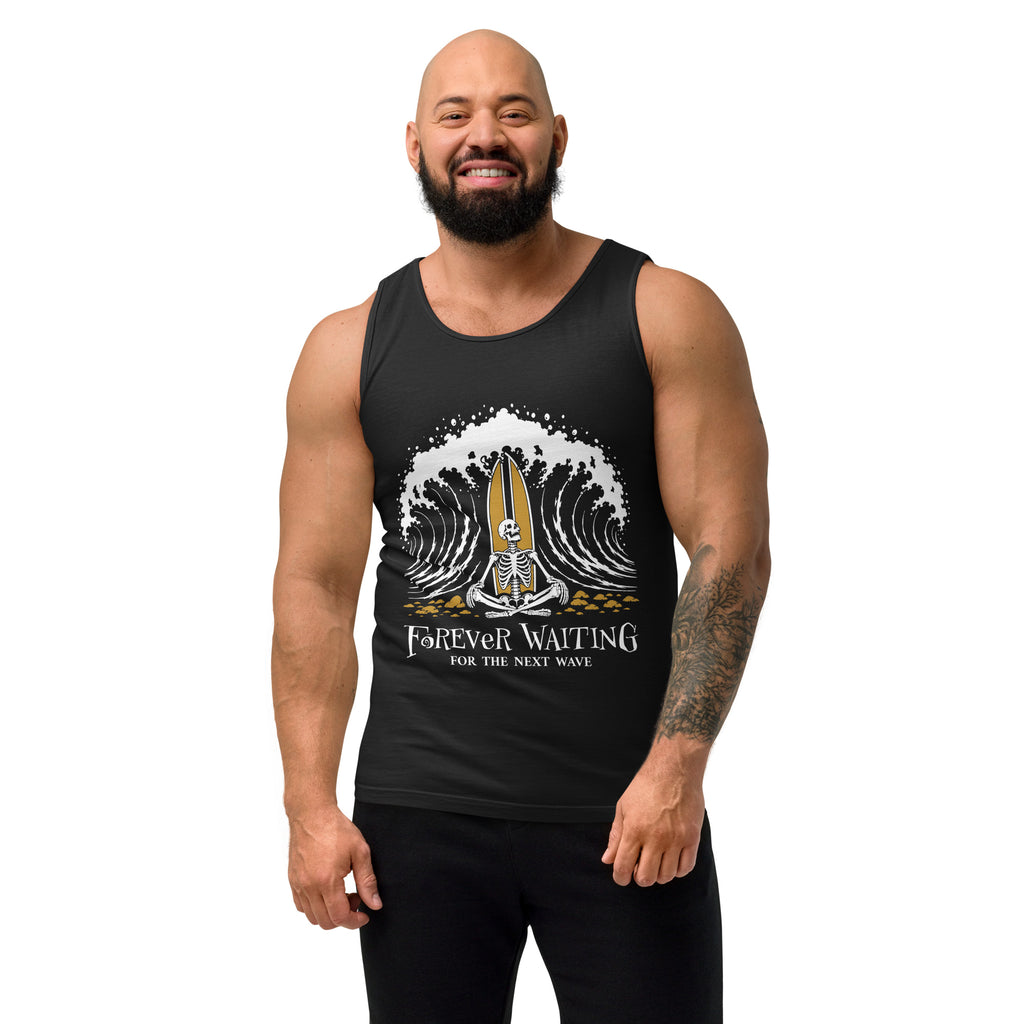 "Forever Waiting For The Next Wave" tank top, Black, second front view, featuring a meditating skeleton surfer, board planted upright behind him, sitting cross-legged on the shore as breakers roll in on either side – 17th & Surf
