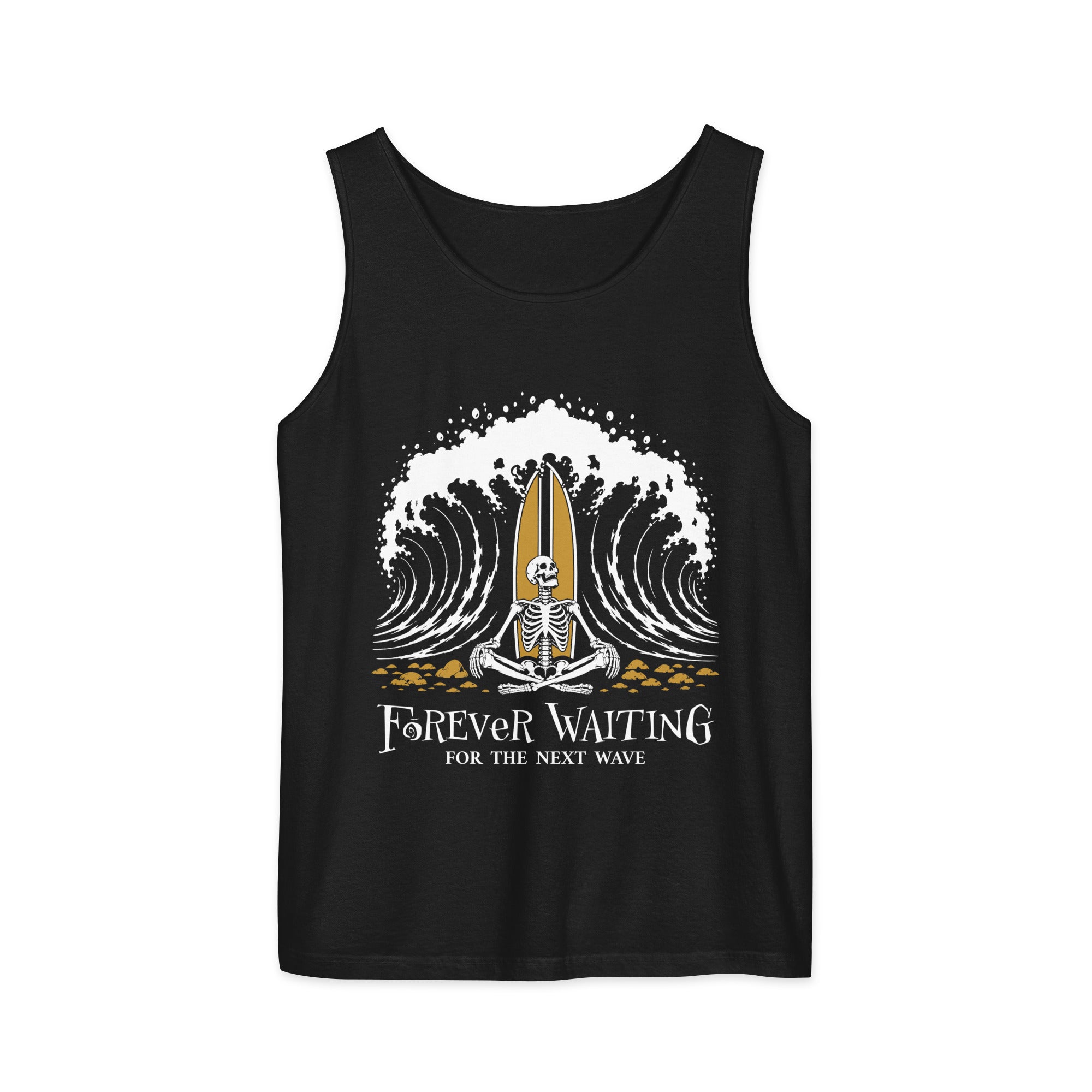 "Forever Waiting For The Next Wave" tank top, Black, front view, featuring a meditating skeleton surfer, board planted upright behind him, sitting cross-legged on the shore as breakers roll in on either side – 17th & Surf