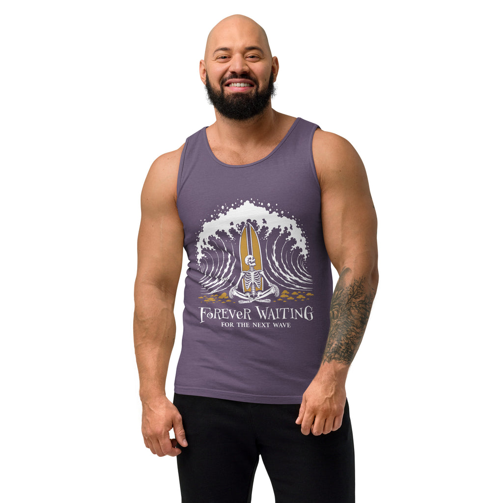 "Forever Waiting For The Next Wave" tank top, Grape, second front view, featuring a meditating skeleton surfer, board planted upright behind him, sitting cross-legged on the shore as breakers roll in on either side – 17th & Surf