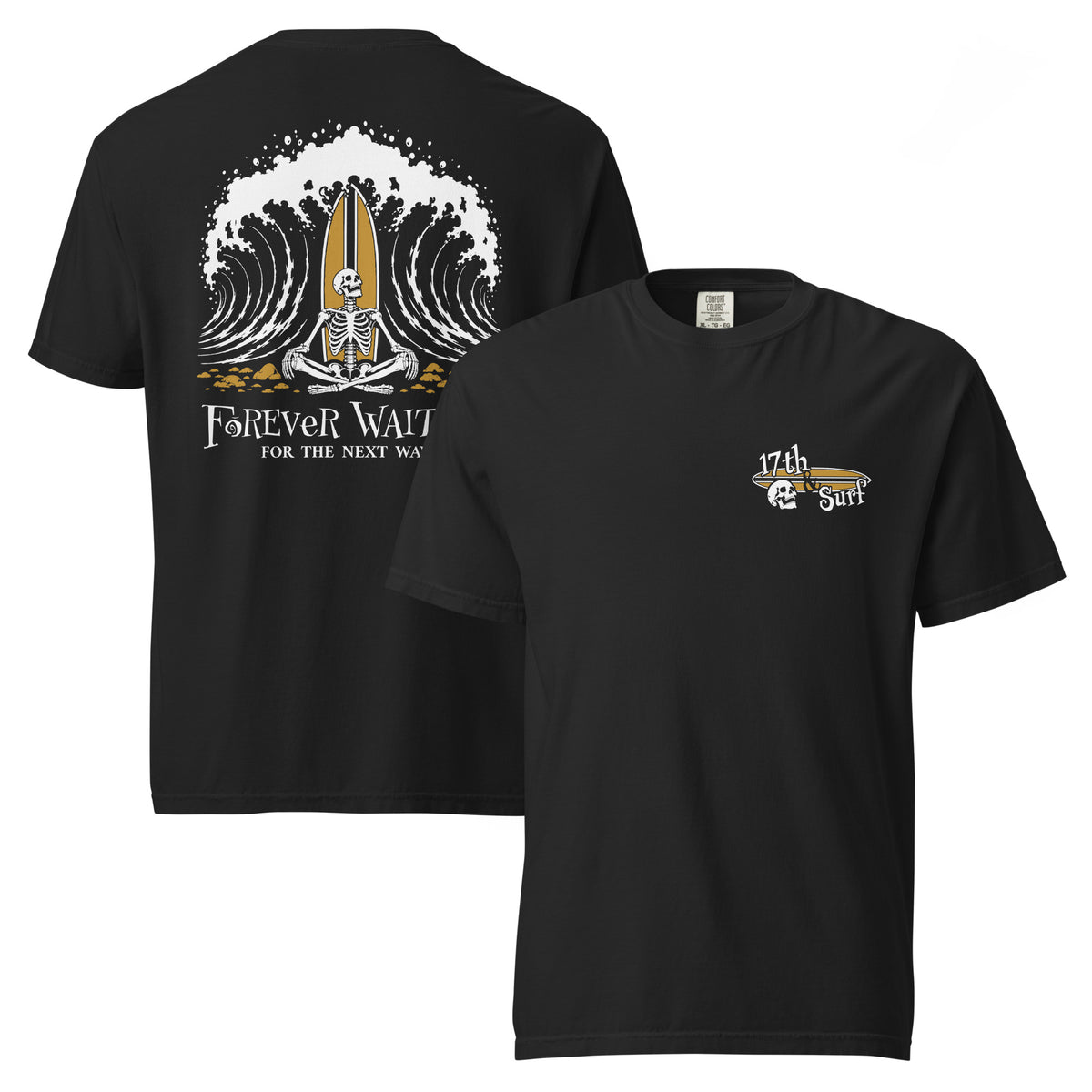 "Forever Waiting For The Next Wave" tee, Black, front and back flat lay, featuring a meditating skeleton surfer, board planted upright behind him, sitting cross-legged on the shore as breakers roll in on either side – 17th & Surf