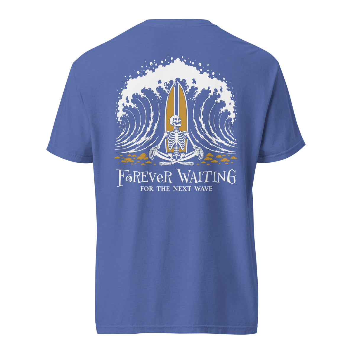 "Forever Waiting For The Next Wave" tee, Mystic Blue, back view, featuring a meditating skeleton surfer, board planted upright behind him, sitting cross-legged on the shore as breakers roll in on either side – 17th & Surf
