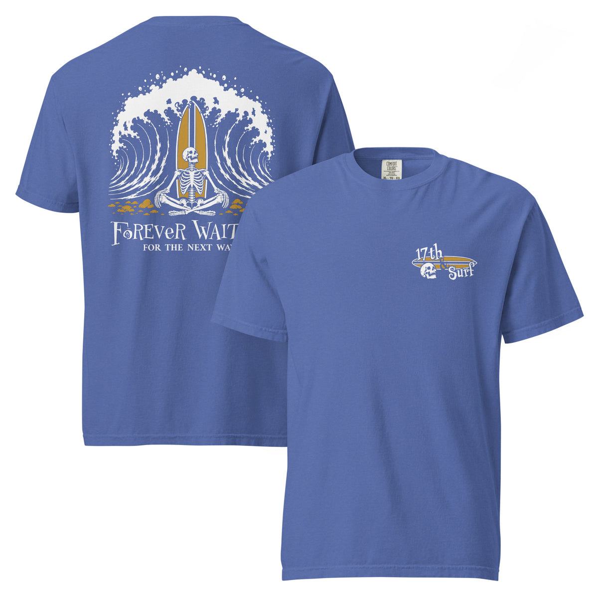 "Forever Waiting For The Next Wave" tee, Mystic Blue, front and back flat lay, featuring a meditating skeleton surfer, board planted upright behind him, sitting cross-legged on the shore as breakers roll in on either side – 17th & Surf