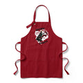 "Holiday Spirits" rich red heavy duty cotton twill chef apron, front view, with divided front pocket and "Holiday Spirits" design – 17th & Surf